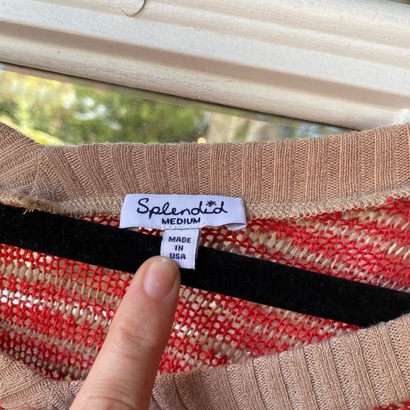 Splendid Red Beige Knit V Neck Dolman Sleeve Pullover Sweater, Sz Medium, MP $82 - Picture 2 of 7